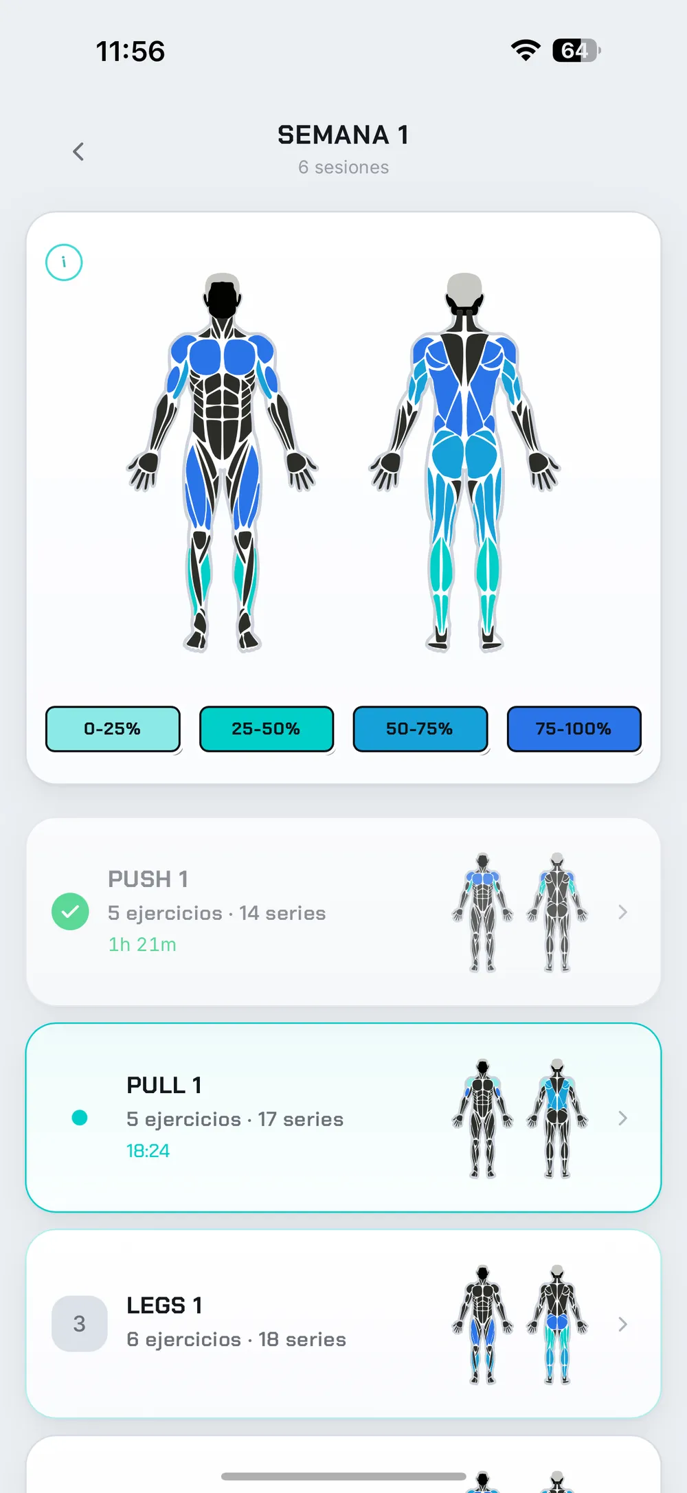 Captura de la app: la vista semanal con los entrenos y el mapa muscular