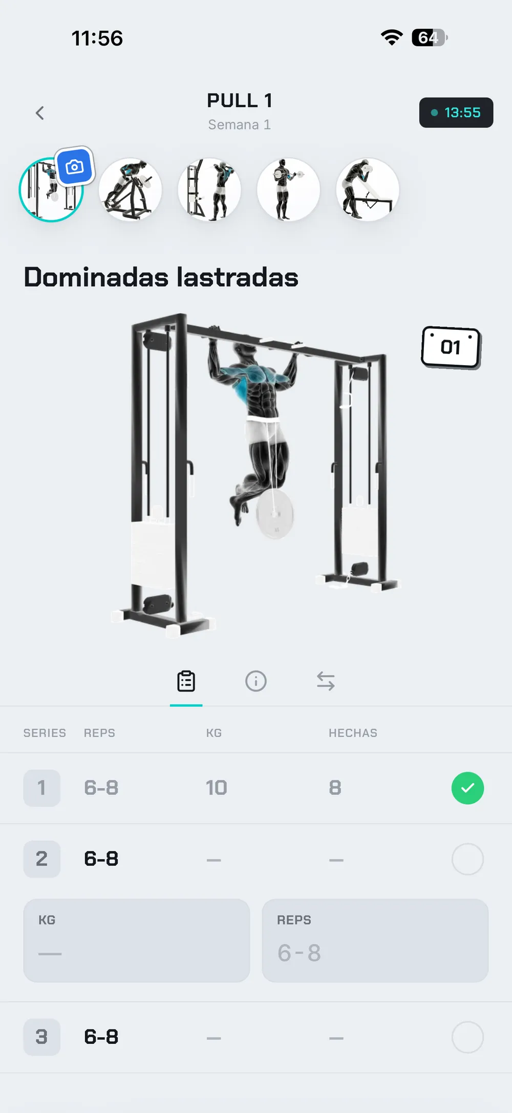 Captura de la app: la sesión de entrenamiento del día